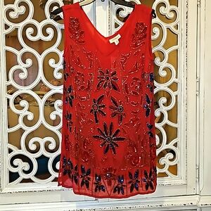 Red Sequin Embellished Sleeveless Dress/ long Top size Small